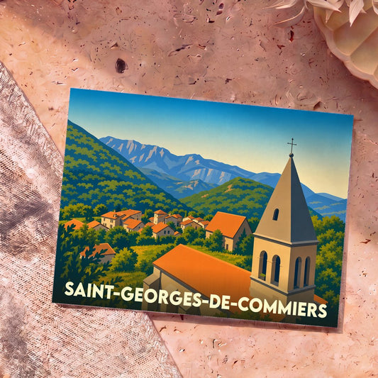 Carte postale souvenir de la ville de Saint-Georges-de-Commiers avec une illustration stylisée de son église et des montagnes environnantes.