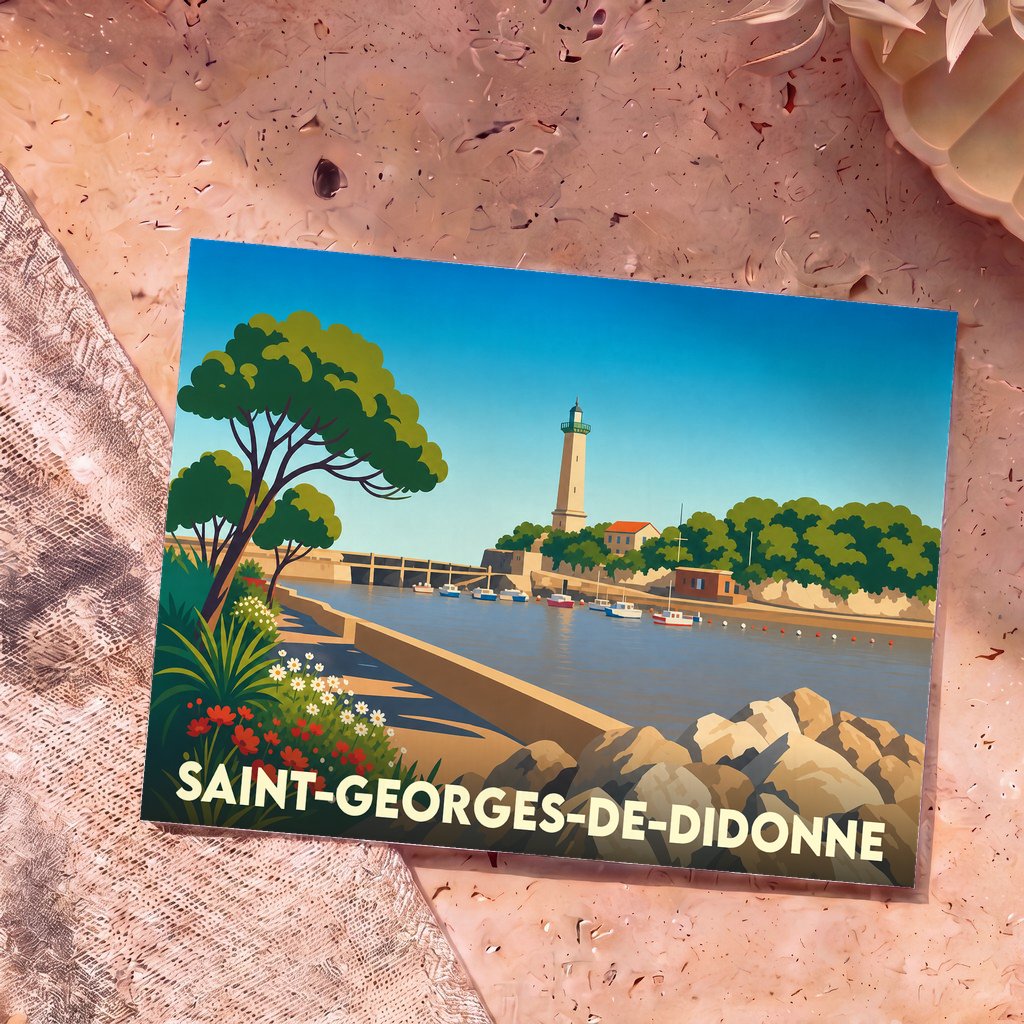 Carte postale souvenir de la ville de Saint-Georges-de-Didonne avec une illustration stylisée de son phare et de son port.