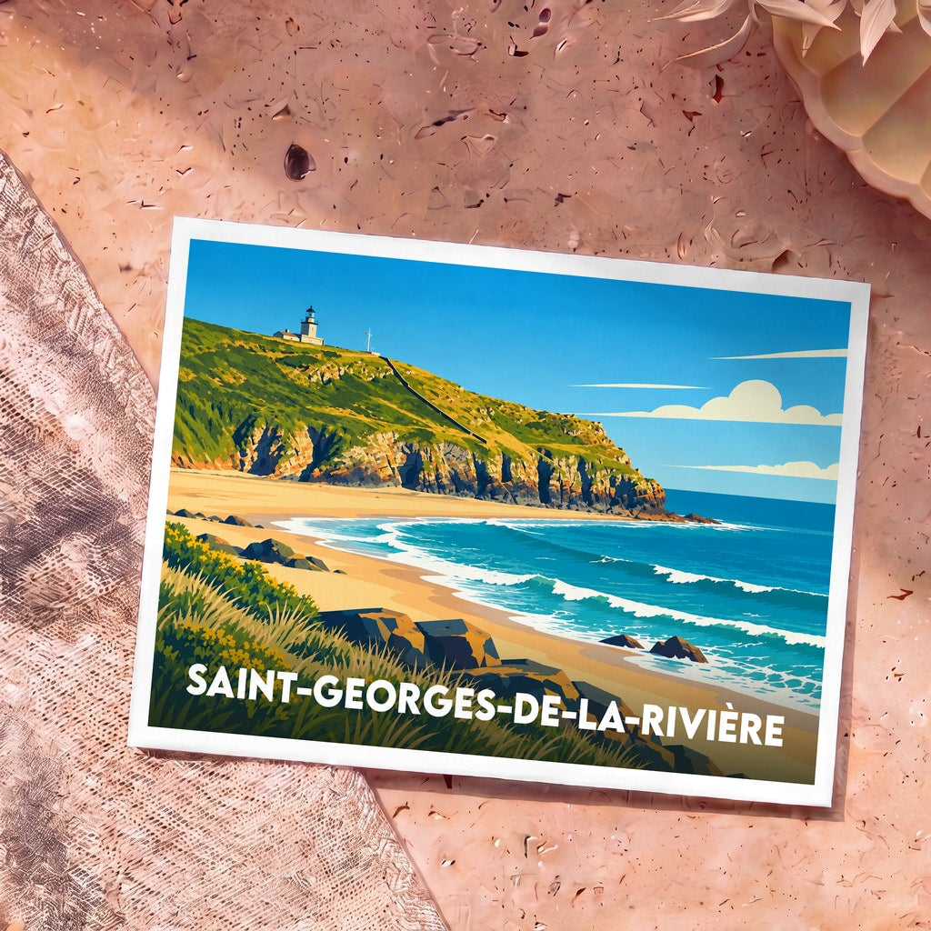 Carte postale souvenir de la ville de Saint-Georges-de-la-Rivière avec une illustration stylisée d'un littoral sauvage et de son phare.