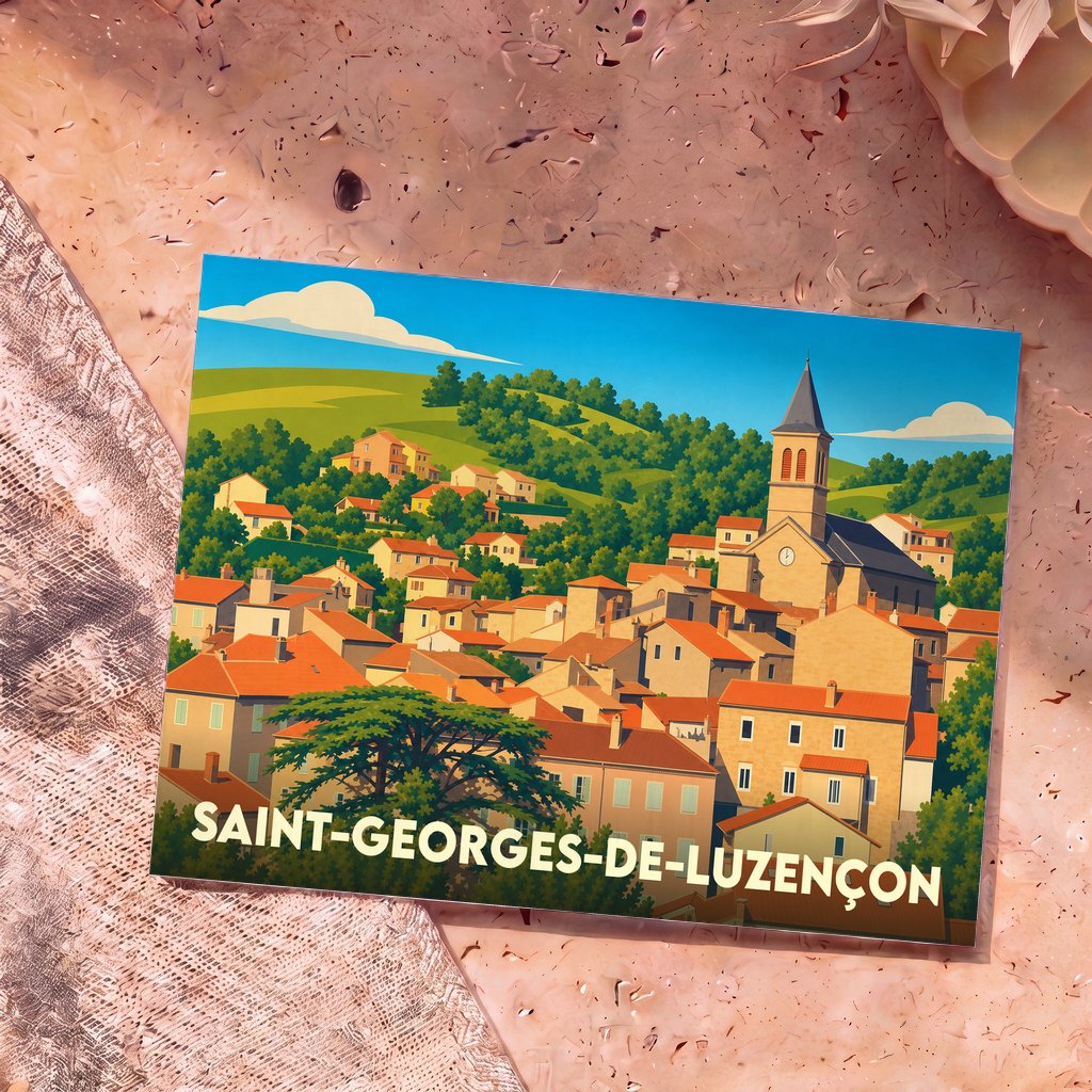 Carte postale souvenir de Saint-Georges-de-Luzençon avec une illustration stylisée du village et de son église.