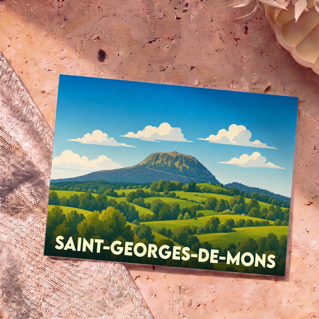 Carte postale souvenir de Saint-Georges-de-Mons illustrant le puy de Dôme dominant un paysage verdoyant.