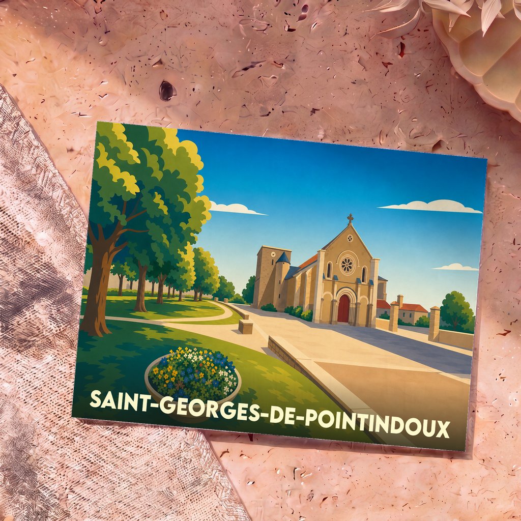 Carte postale souvenir de la ville de Saint-Georges-de-Pointindoux avec une illustration stylisée de son église et de son parc.