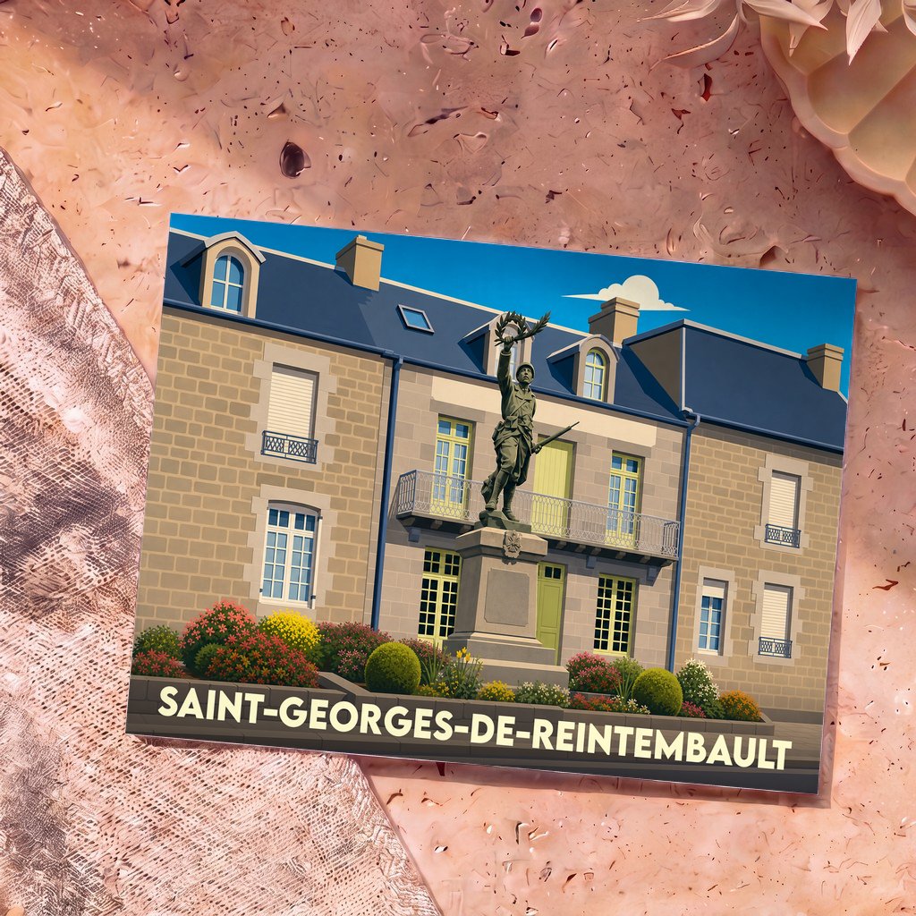 Carte postale souvenir de Saint-Georges-de-Reintembault illustrant un monument aux morts devant une architecture traditionnelle.