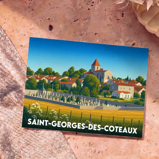 Carte postale souvenir de la ville de Saint-Georges-des-Coteaux illustrant l'église et le village dans un style graphique épuré.