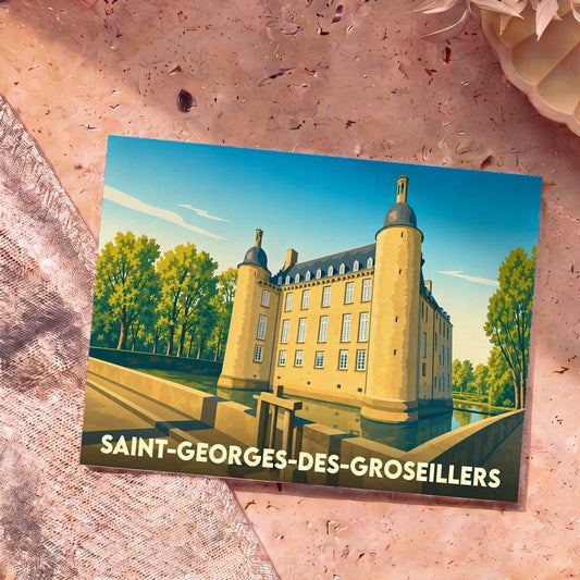 Carte postale souvenir de la ville de Saint-Georges-des-Groseillers avec une illustration stylisée de son château.