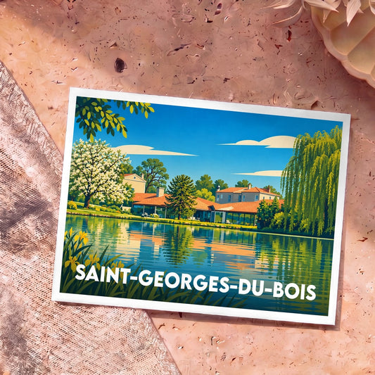 Carte postale souvenir de la ville de Saint-Georges-du-Bois avec une illustration stylisée d'un paysage au bord de l'eau.