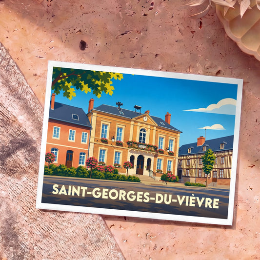 Carte postale souvenir de la ville de Saint-Georges-du-Vièvre avec une illustration stylisée de son architecture.