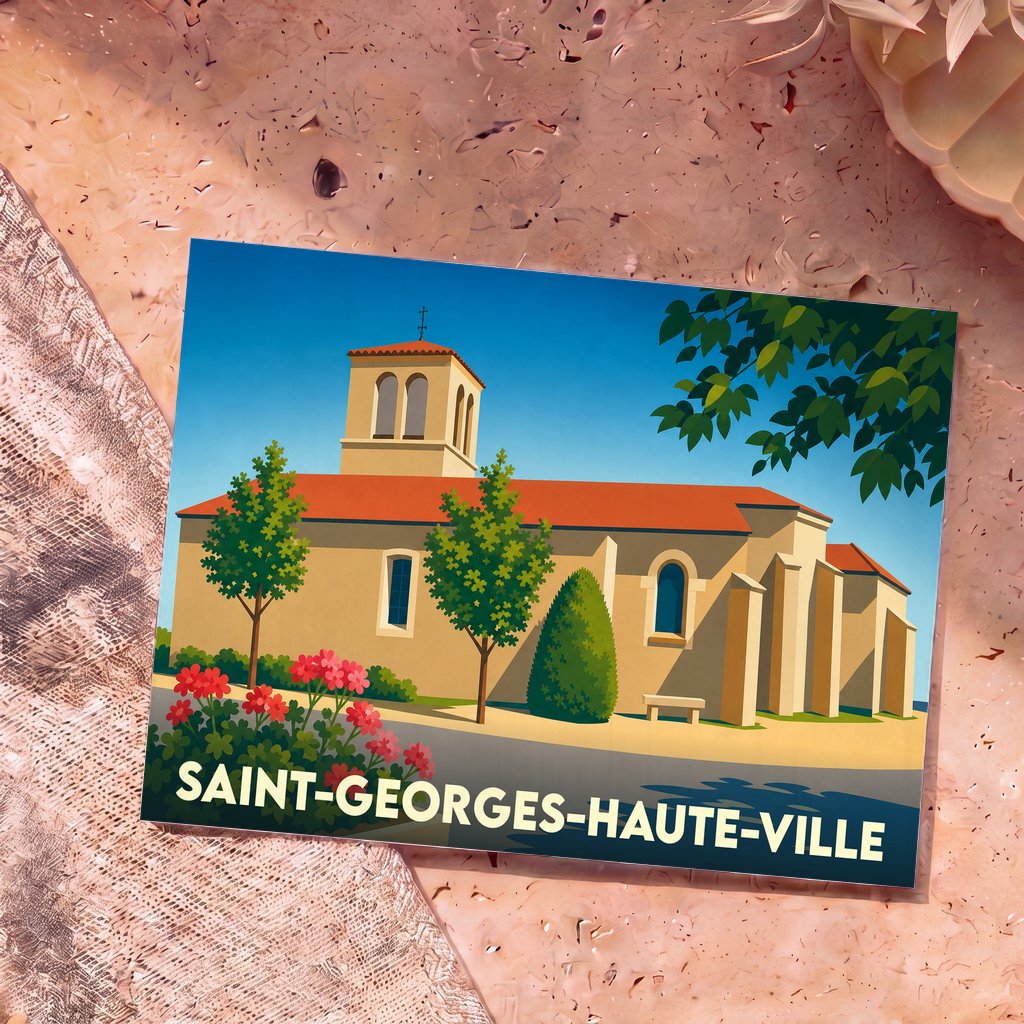 Carte postale souvenir de Saint-Georges-Haute-Ville illustrant son église dans un style graphique épuré.