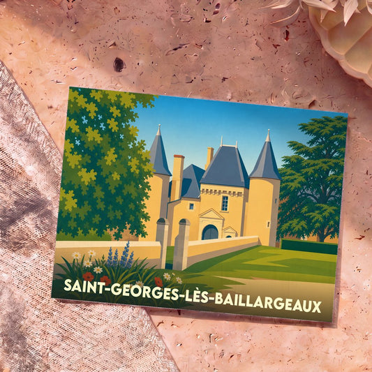 Carte postale souvenir de Saint-Georges-lès-Baillargeaux illustrant le château local dans un style graphique épuré.