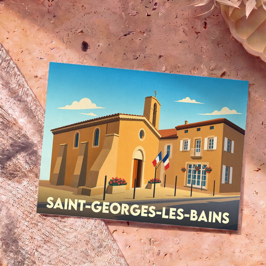 Carte postale souvenir de Saint-Georges-les-Bains représentant une église et une mairie dans un style illustré.