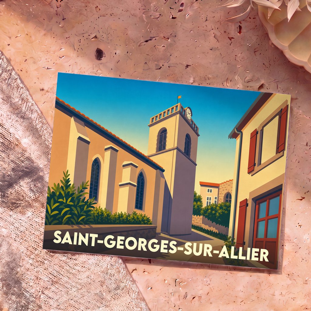 Carte postale souvenir de Saint-Georges-sur-Allier avec une illustration stylisée de son église sous un ciel bleu.