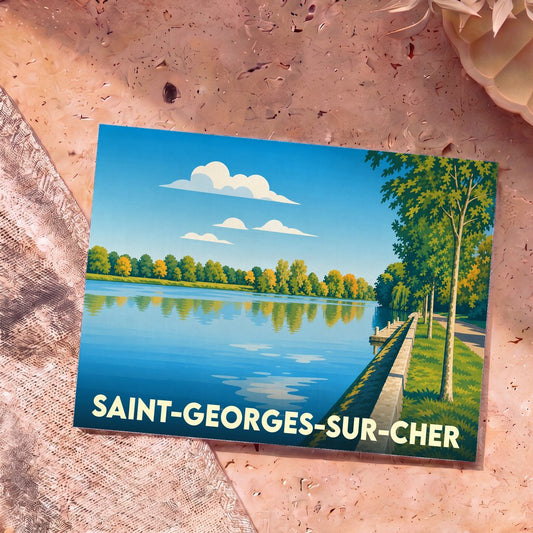 Carte postale souvenir de Saint-Georges-sur-Cher illustrant les bords du Cher dans un style épuré et coloré.