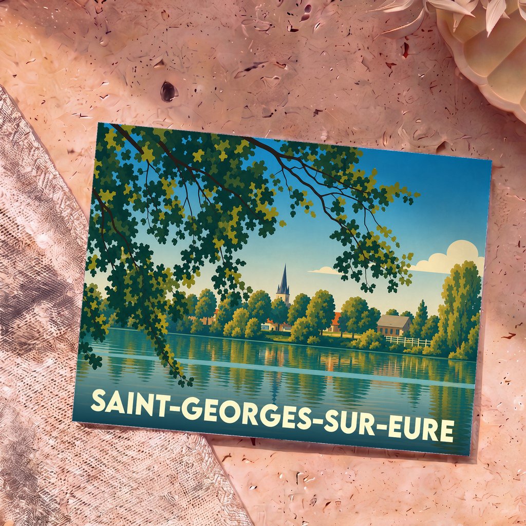 Carte postale souvenir de la ville de Saint-Georges-sur-Eure avec une illustration stylisée d'un paysage de bord de rivière.