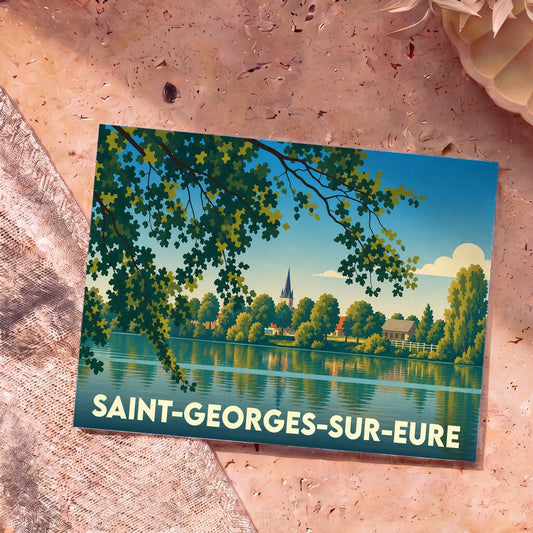 Carte postale souvenir de la ville de Saint-Georges-sur-Eure avec une illustration stylisée d'un paysage de bord de rivière.