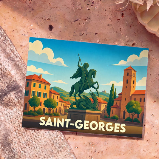 Carte postale souvenir de la ville de Saint-Georges avec une illustration stylisée de sa statue emblématique.