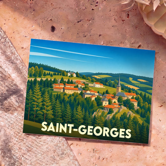 Carte postale souvenir de la ville de Saint-Georges avec une illustration stylisée d'un village vallonné.