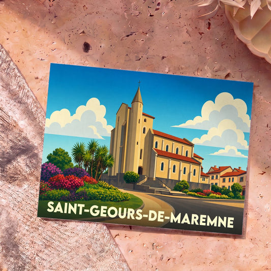 Carte postale souvenir de la ville de Saint-Geours-de-Maremne avec une illustration stylisée de son église.