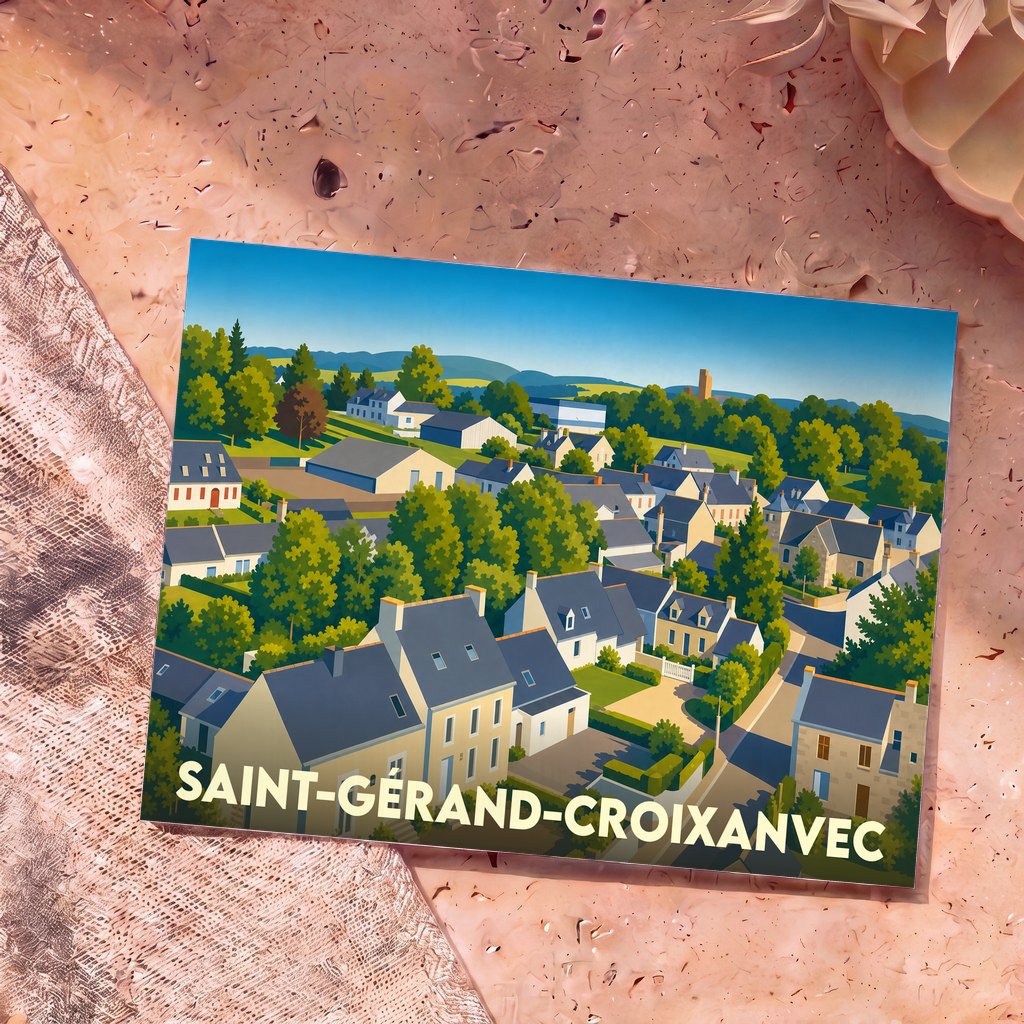 Carte postale souvenir de la commune de Saint-Gérand-Croixanvec arborant une illustration stylisée du village.
