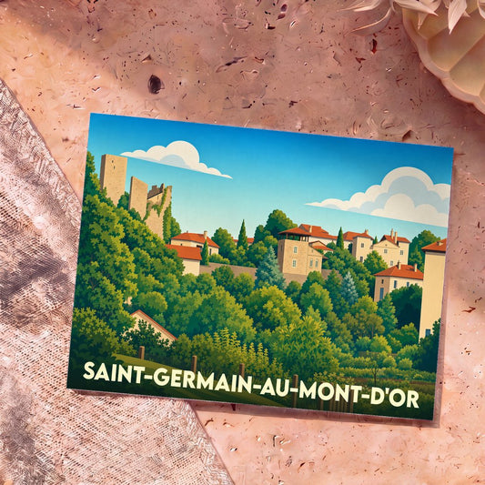 Carte postale souvenir de Saint-Germain-au-Mont-d'Or avec une illustration stylisée et colorée du village.