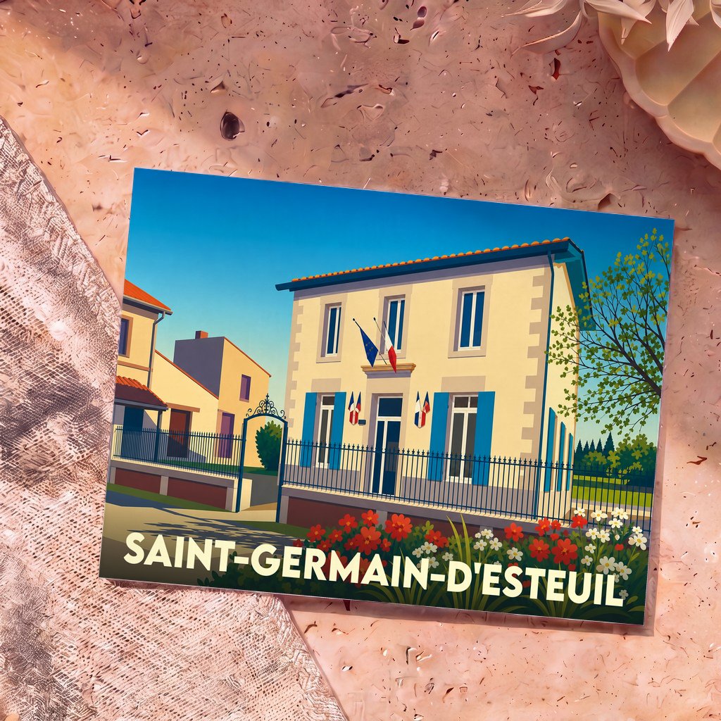 Carte postale souvenir de la ville de Saint-Germain-d'Esteuil avec une illustration stylisée de sa mairie.