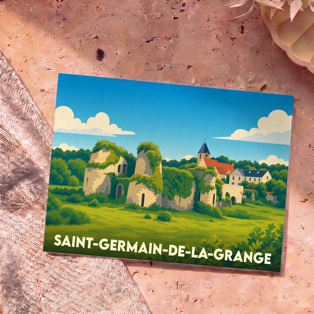 Carte postale souvenir de la ville de Saint-Germain-de-la-Grange avec une illustration stylisée de ses ruines verdoyantes.