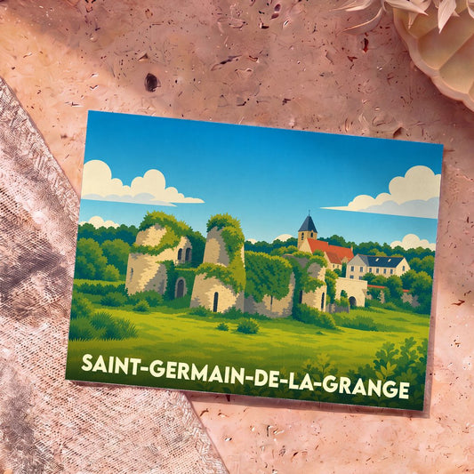 Carte postale souvenir de la ville de Saint-Germain-de-la-Grange avec une illustration stylisée de ses ruines verdoyantes.