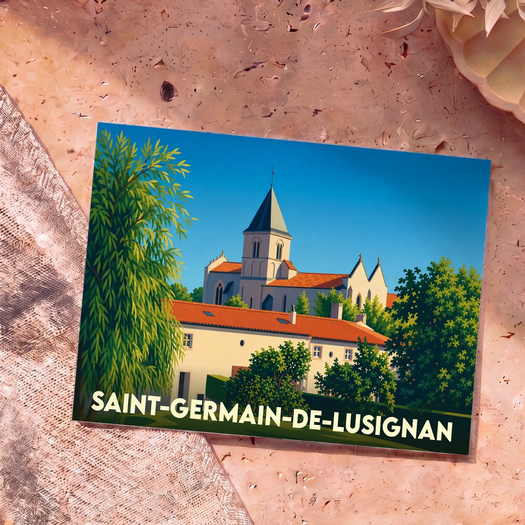 Carte postale souvenir de la ville de Saint-Germain-de-Lusignan avec une illustration stylisée de son église et de ses maisons.