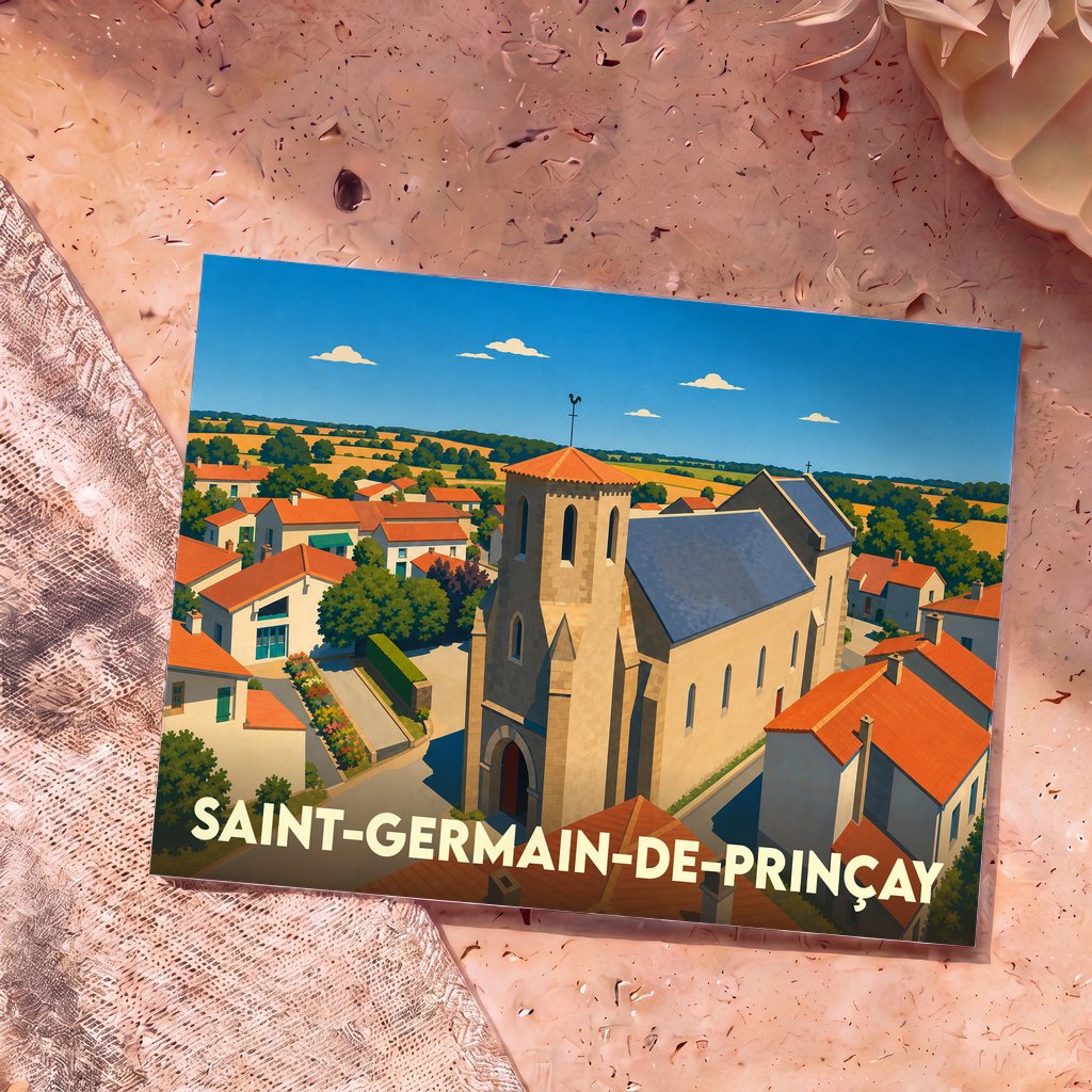 Carte postale souvenir de Saint-Germain-de-Prinçay arborant une illustration stylisée de son église et de ses maisons à toits rouges.