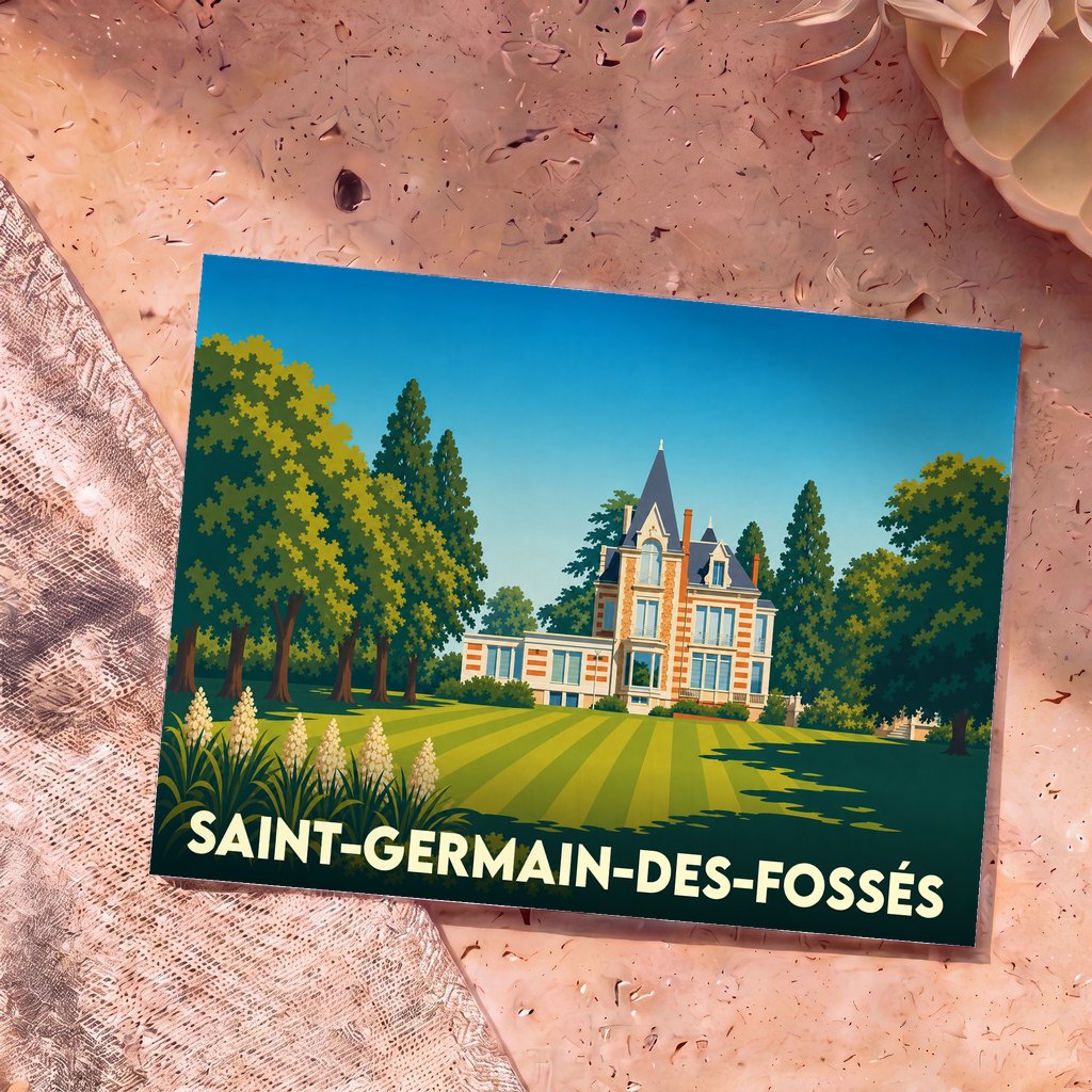 Carte postale souvenir de la ville de Saint-Germain-des-Fossés avec une illustration stylisée d'un manoir et de son parc.