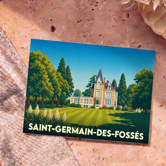 Carte postale souvenir de la ville de Saint-Germain-des-Fossés avec une illustration stylisée d'un manoir et de son parc.