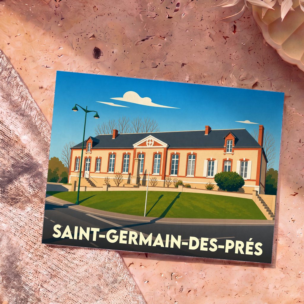 Carte postale souvenir de Saint-Germain-des-Prés arborant une illustration stylisée et colorée de son architecture.