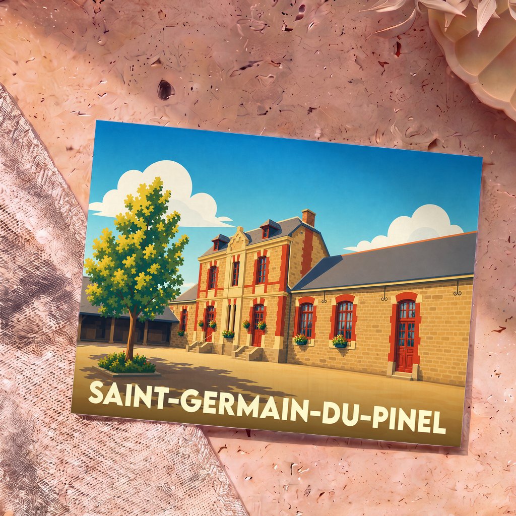 Carte postale souvenir de la ville de Saint-Germain-du-Pinel avec une illustration stylisée de sa mairie.