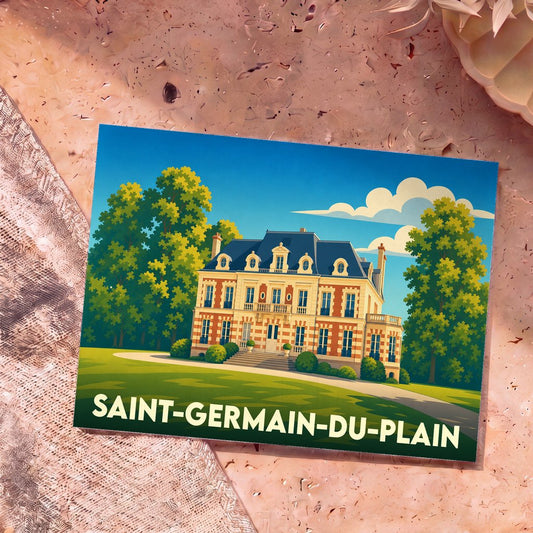 Carte postale souvenir de la ville de Saint-Germain-du-Plain avec une illustration stylisée d'un château.