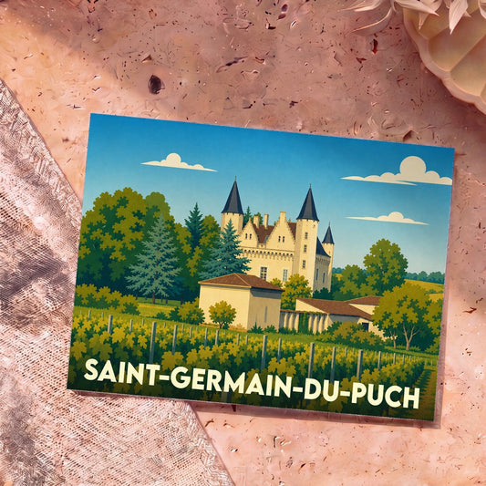 Carte postale souvenir de la ville de Saint-Germain-du-Puch avec une illustration stylisée d'un château entouré de vignes.