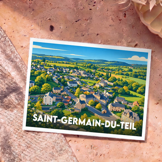 Carte postale souvenir de la ville de Saint-Germain-du-Teil illustrant un paysage de village vallonné.