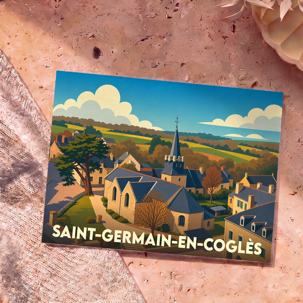 Carte postale souvenir de la ville de Saint-Germain-en-Coglès avec une illustration stylisée de son église et de ses paysages.