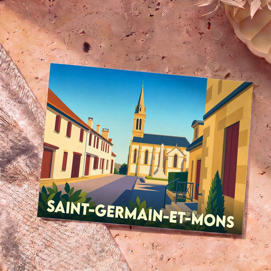 Carte postale souvenir de la ville de Saint-Germain-et-Mons avec une illustration stylisée de son église et de ses rues.