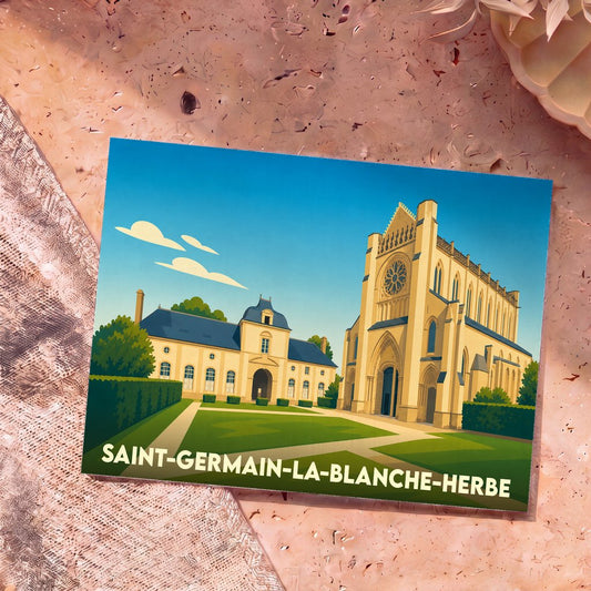 Carte postale souvenir de la ville de Saint-Germain-la-Blanche-Herbe avec une illustration stylisée de son patrimoine architectural.
