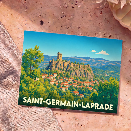 Carte postale souvenir de la ville de Saint-Germain-Laprade avec une illustration stylisée d'un village perché et son château.
