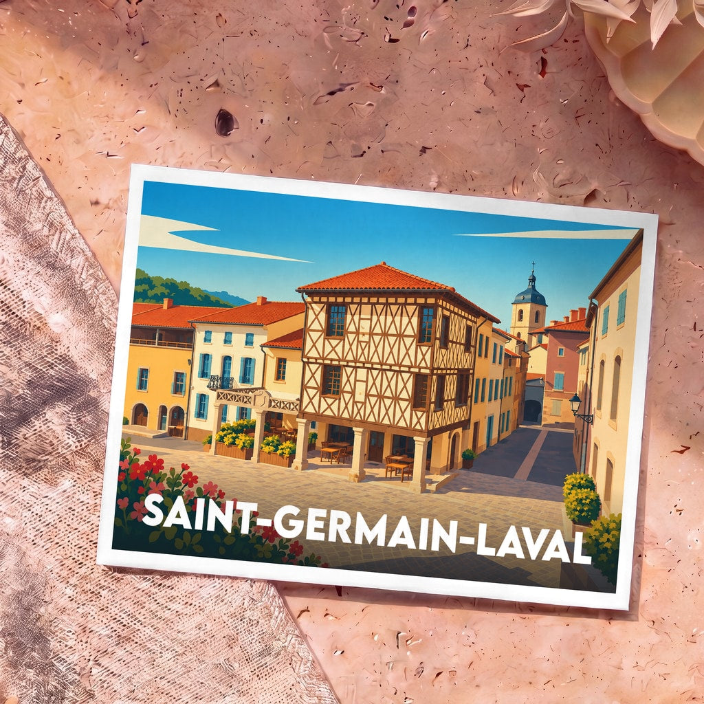 Carte postale souvenir de la ville de Saint-Germain-Laval avec une illustration stylisée de ses maisons à colombages.