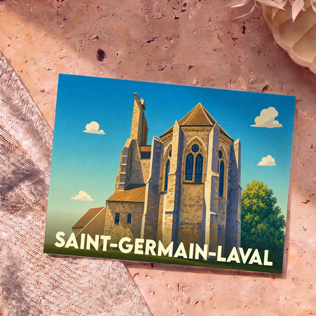 Carte postale souvenir de Saint-Germain-Laval illustrant son église en style graphique épuré.