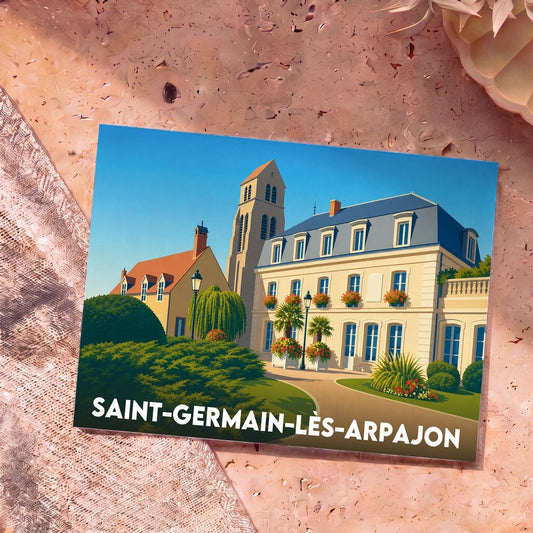 Carte postale souvenir de la ville de Saint-Germain-lès-Arpajon avec une illustration stylisée de son patrimoine architectural.