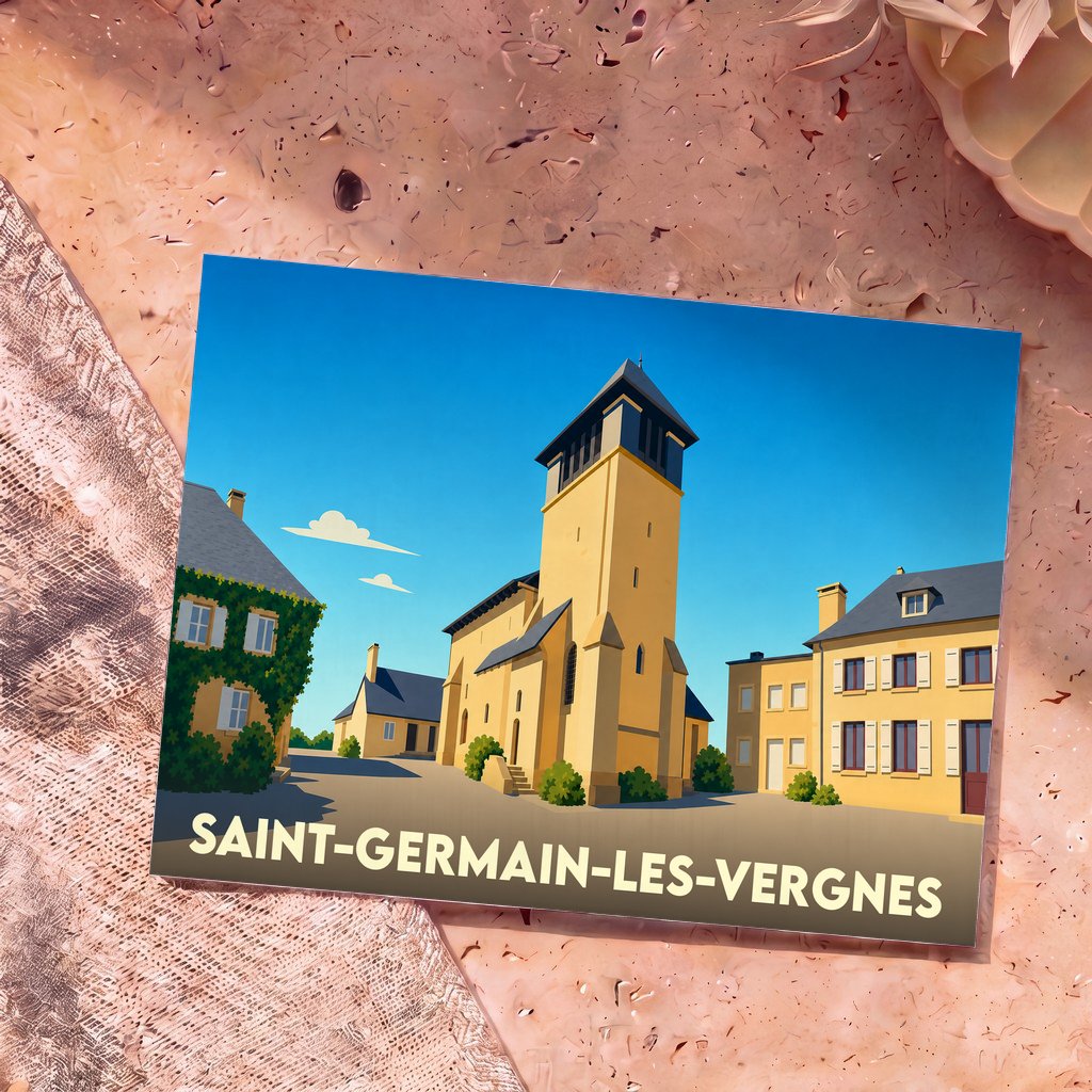 Carte postale souvenir de Saint-Germain-les-Vergnes présentant une illustration stylisée de son église et de ses maisons typiques.