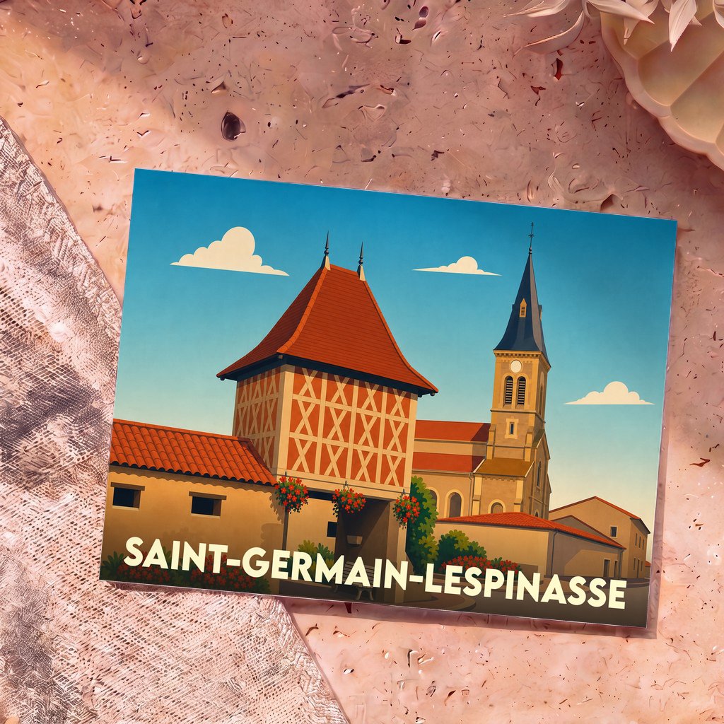 Carte postale souvenir de la ville de Saint-Germain-Lespinasse avec une illustration stylisée de son patrimoine.