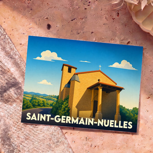 Carte postale souvenir de la ville de Saint-Germain-Nuelles avec une illustration stylisée de sa chapelle.