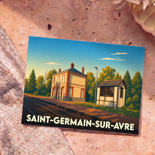 Carte postale souvenir de Saint-Germain-sur-Avre illustrant sa gare ferroviaire dans un style graphique rétro.