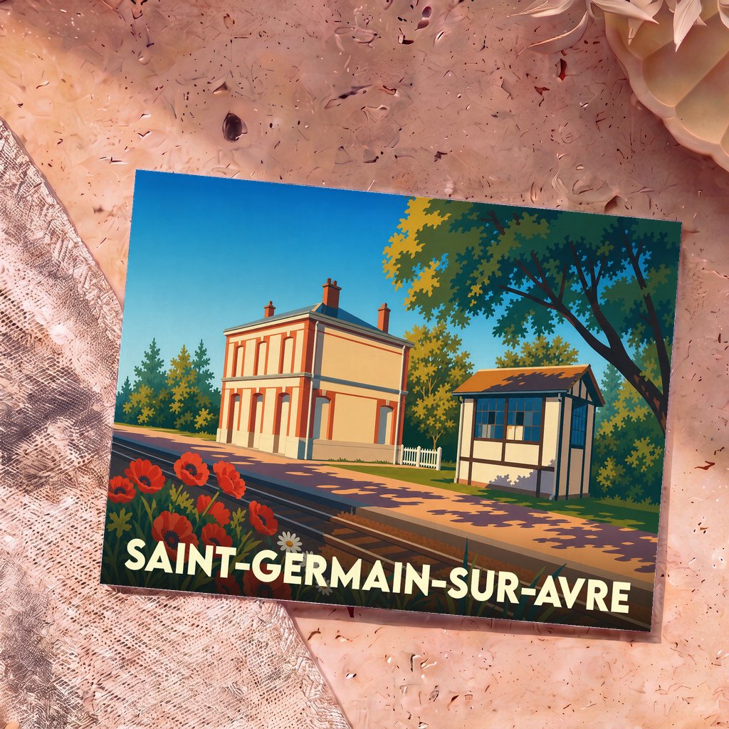 Carte postale souvenir de la ville de Saint-Germain-sur-Avre avec une illustration stylisée d'une gare sous un ciel bleu.