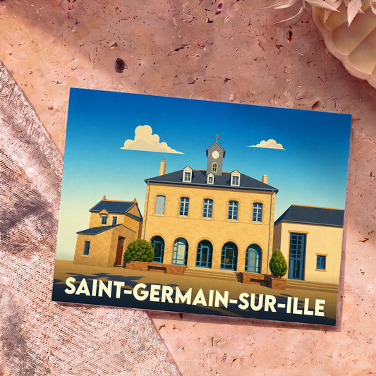 Carte postale souvenir de la ville de Saint-Germain-sur-Ille avec une illustration stylisée de son architecture.