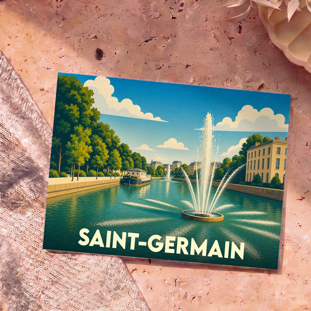 Carte postale souvenir de la ville de Saint-Germain avec une illustration stylisée d'un canal et de ses jets d'eau.
