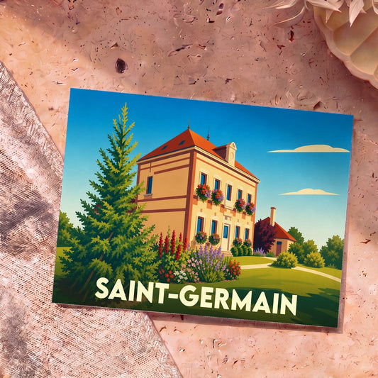 Carte postale souvenir de la ville de Saint-Germain avec une illustration stylisée d'une maison fleurie.